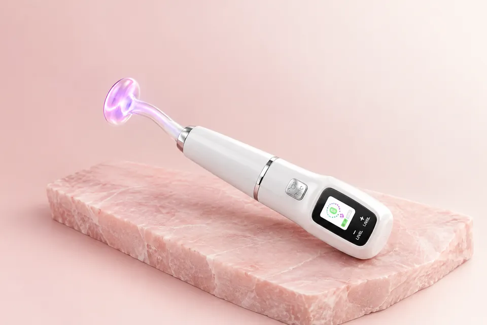 Oxy Pro sobre un bloque de piedra rosa, con un cabezal facial de vidrio montado y encendido: la luz violeta dentro del vidrio muestra que el dispositivo está funcionando.
