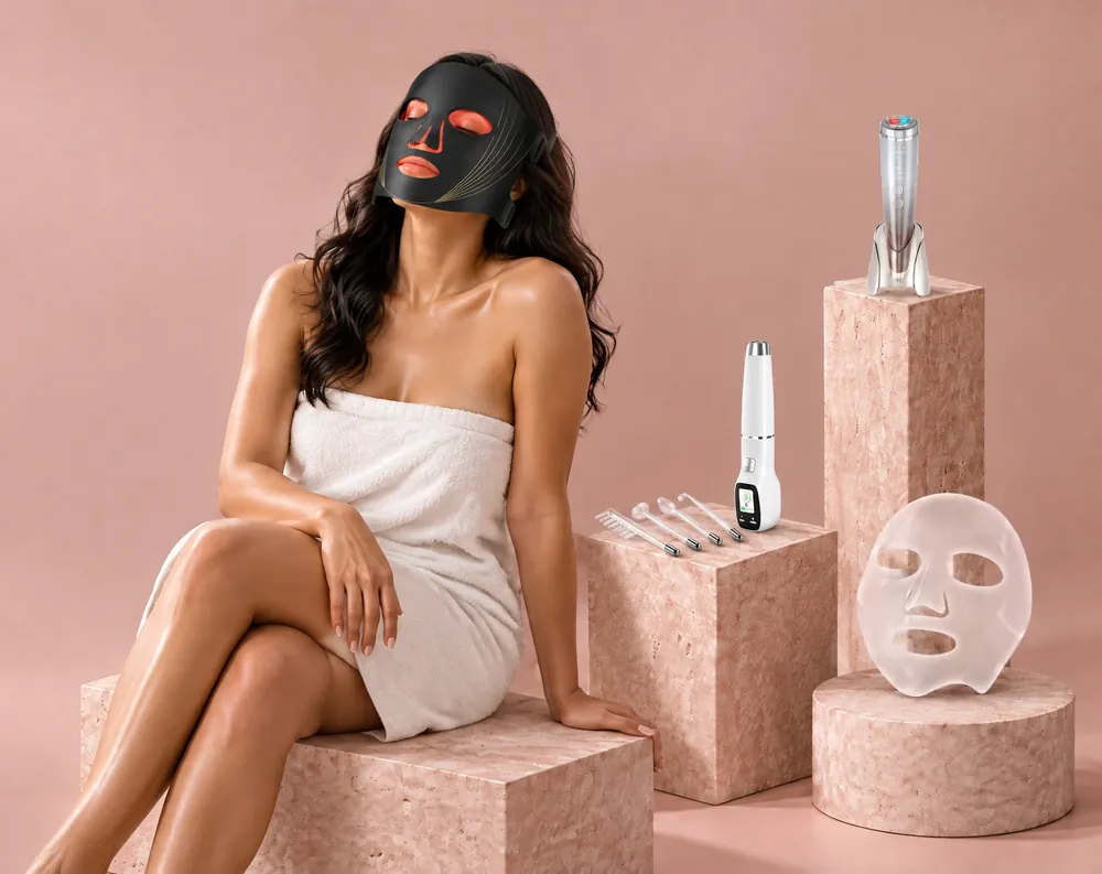 Una mujer se relaja con la máscara Auren encendida junto a los productos de Kara sobre bases de travertino rosa: Oxy Pro, RFusion Pro y la mascarilla Bio Collagen.